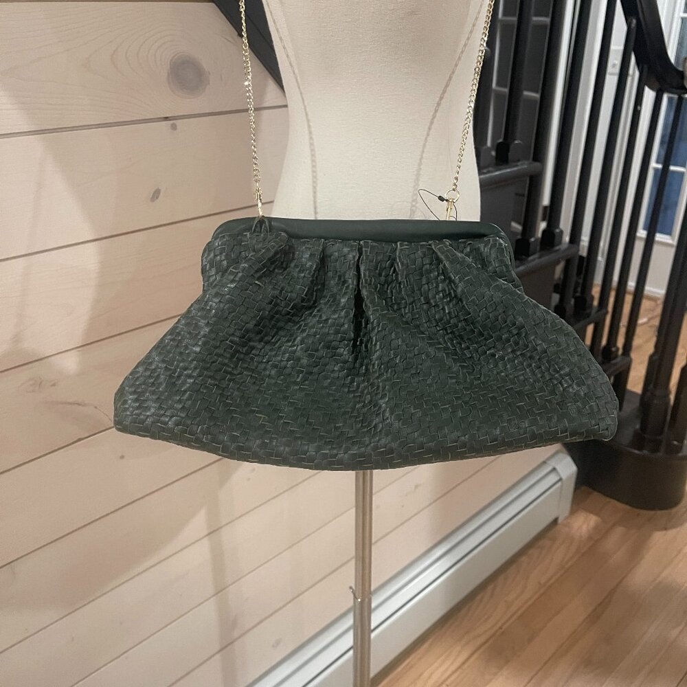 031 Anthropologie Woven Leather Clutch Dark with Chain NWT Emerald Green Leather - Picture 3 of 10
